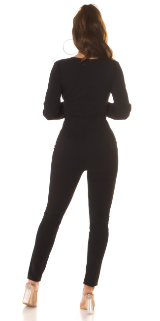 langmouw jumpsuit met v-halslijn zwart